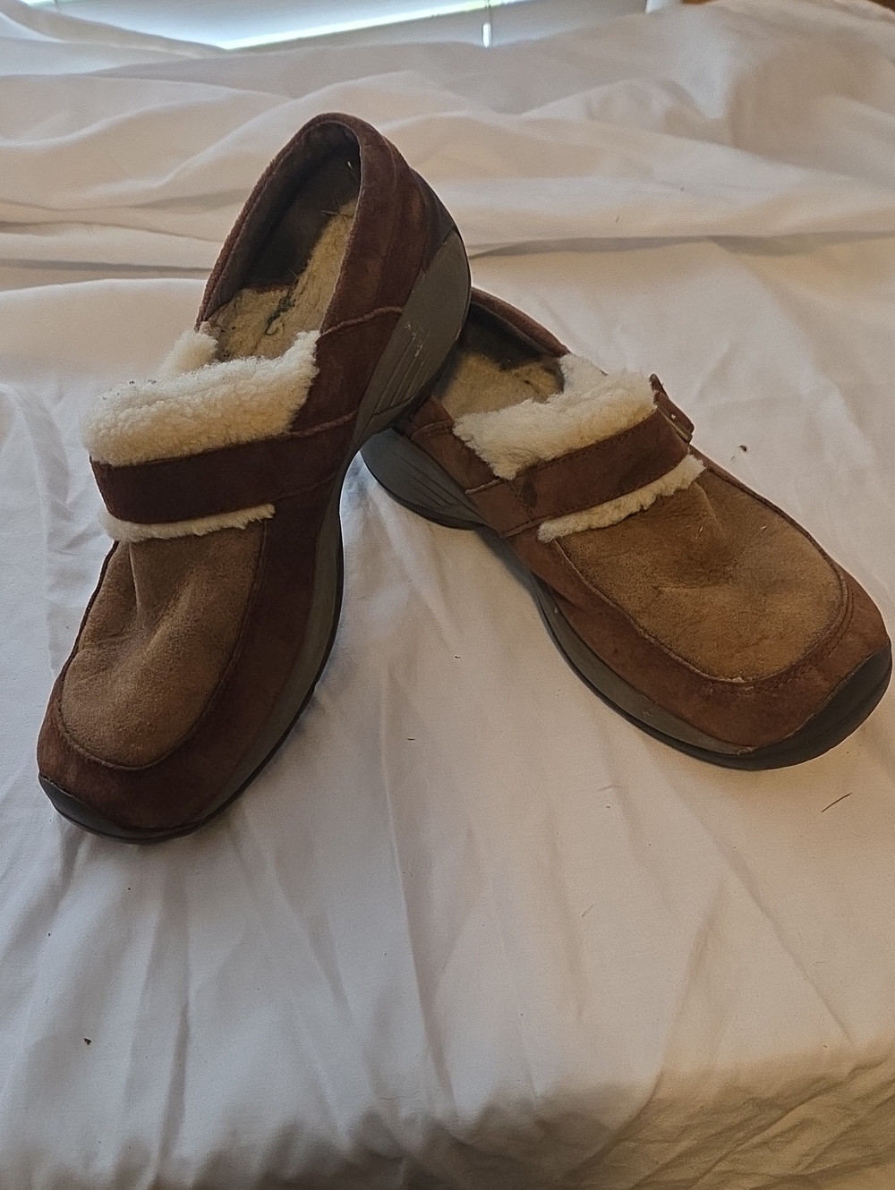 Womans Brown Suede Shearling-Lined Slip-On Shoes